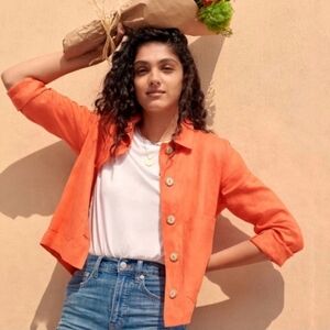 Soludos Athena Orange 100% Linen Button Front Shirt Jacket Shacket SZ Large Boho